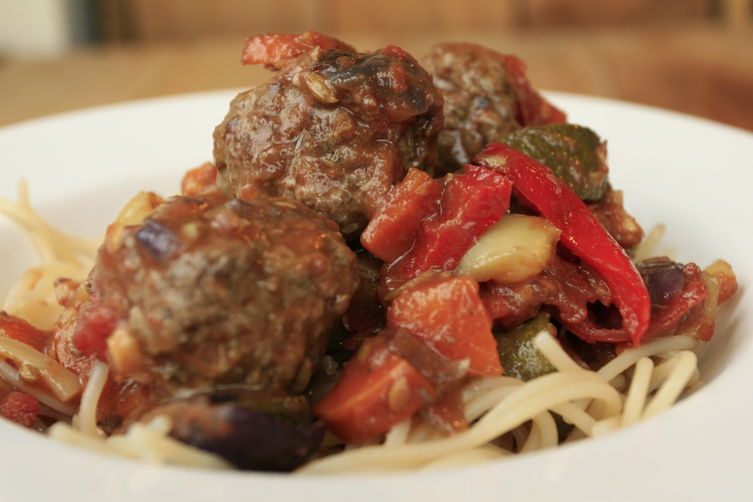 Roasted Vegetable Ragu with Venison Meatballs