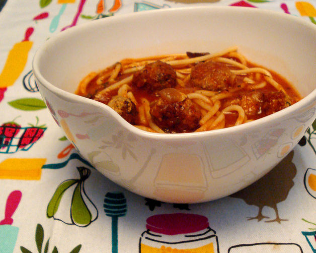 spaghetti and meatball soup (with roasted canned tomatoes)