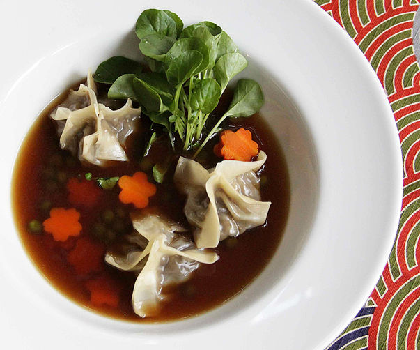 Mushroom Broth with Smoked Eggplant Dumplings
