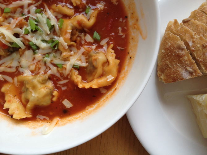 Spicy Tomato & Meatball Ravioli Soup