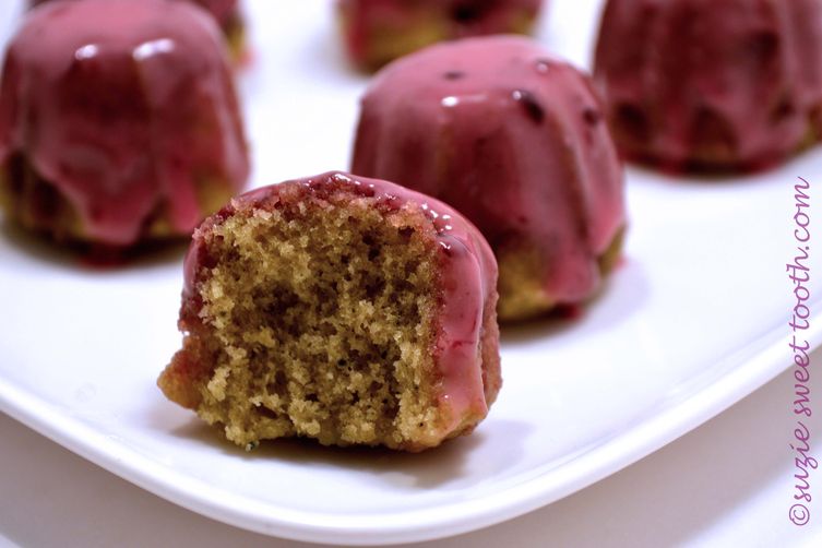 Green tea petite fours with blackberry icing