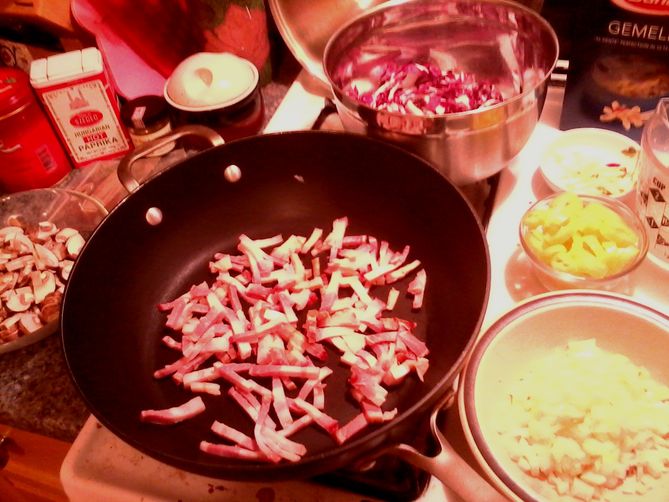 Gemelli al Risotto with Bacon, Radicchio, and Mushrooms