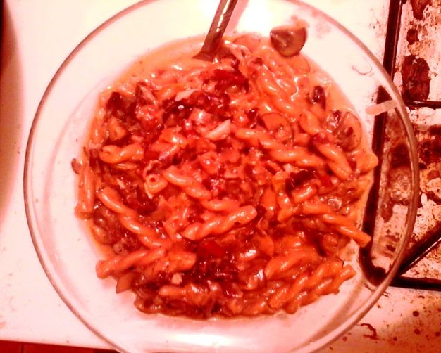 Gemelli al Risotto with Bacon, Radicchio, and Mushrooms