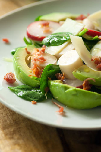 Spinach-Radish-Hearts of Palm-Avocado Salad with Lime Vinaigrette