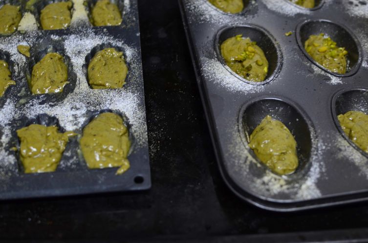 Pistachio-Rosewater-Matcha Madeleines