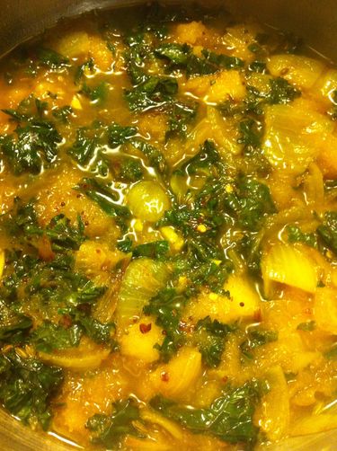 Chickpea Stew with acorn squash, kale and toasted pecans