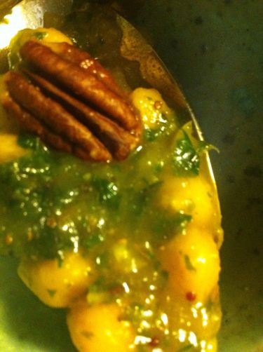 Chickpea Stew with acorn squash, kale and toasted pecans
