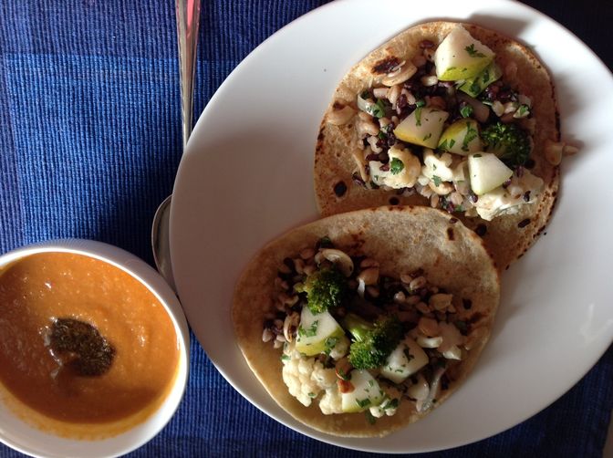 Kala Jeera Scented Tomato and Red Lentil Soup with Veggie Stuffed Rotis