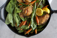 Skillet Roasted Chicken Thighs with Dandelion Greens + Baby Carrots