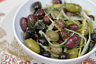 Marinated olives with fennel, lemon and chili pepper