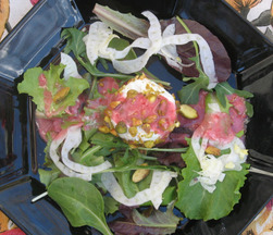 Raspberry Fennel  Vinaigrette over Pistachio Crusted Chevre and Beet Souffle