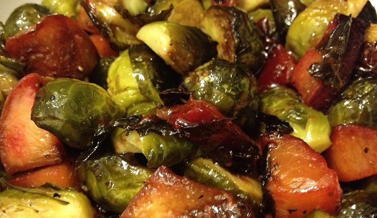 Honey balsamic brussels sprouts with plums