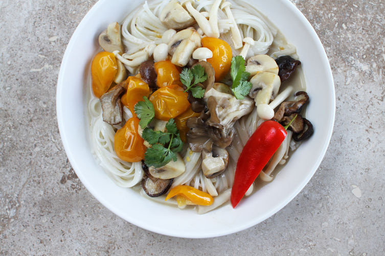 Sauteed Spring Mushrooms, Chiles + Cilantro in Caramelized Coconut Broth
