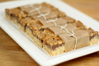 Rice Krispie Treats with Chocolate, Toasted Walnuts and Salted Caramel