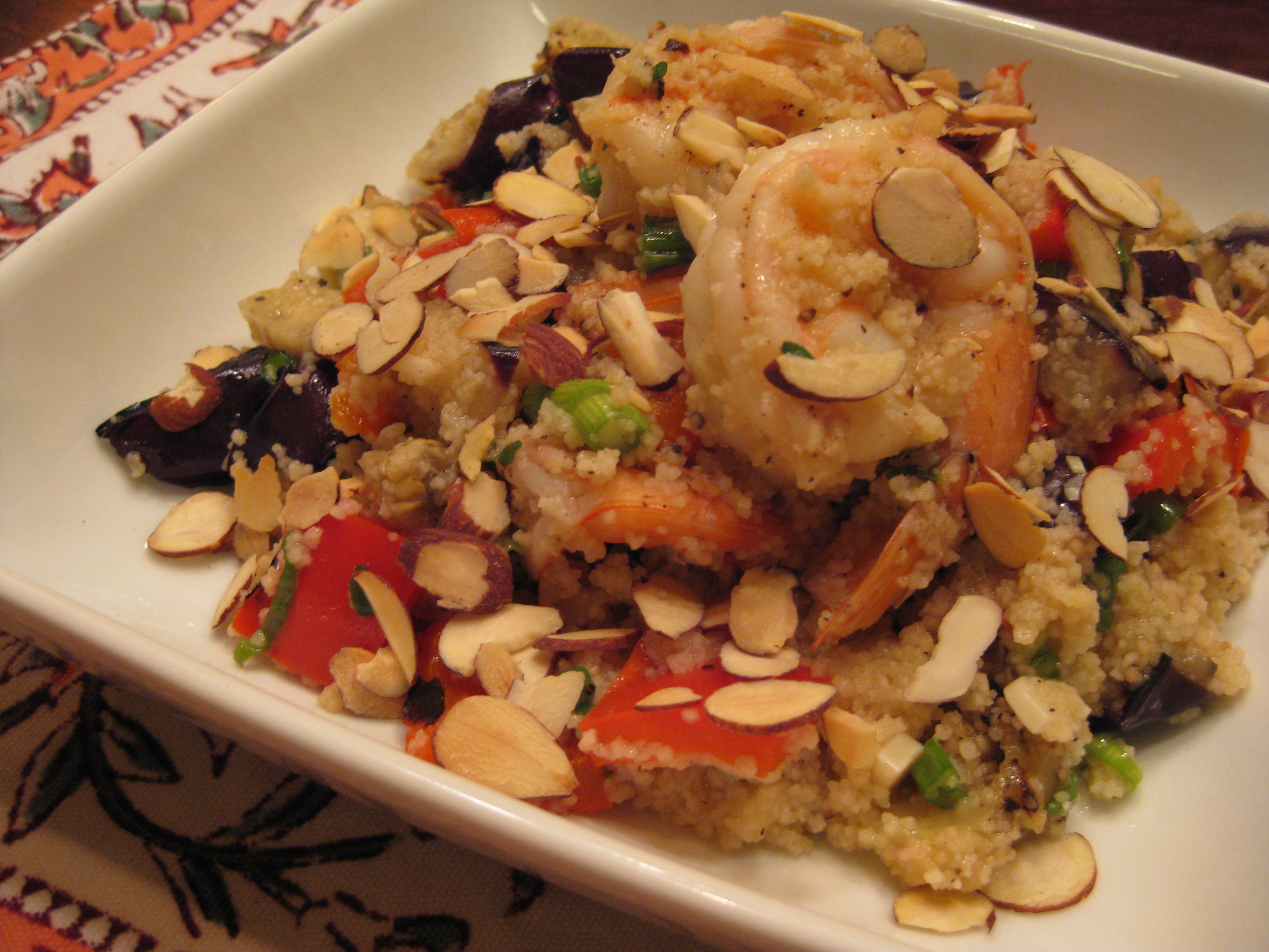 Shrimp Couscous with Grilled Eggpant and Peppers