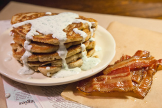 Oatmeal Pancakes with Caramelized Bacon and Herbed Crème Fraiche