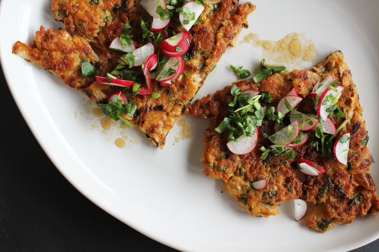 Kimchi, Pork + Scallion Pancake with Watercress-Radish Relish