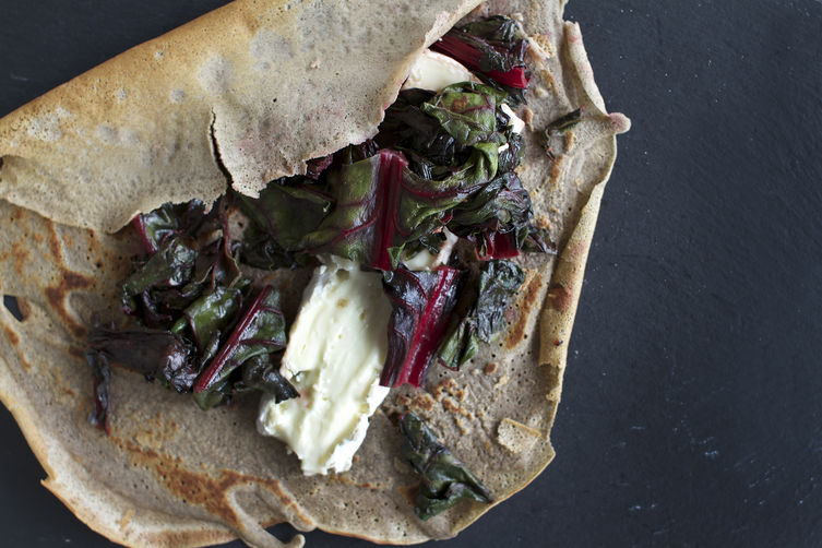 Buckwheat Crepes with Brie + Honey Sauteed Swiss Chard