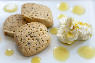 Oatmeal and Lavender Shortbread with Whipped Goat Cheese and Lemon Coulis