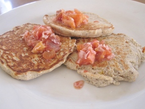 Blood orange ricotta pancakes with coconut and ginger