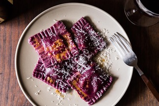 Beet Ravioli with Goat Cheese, Ricotta and Mint Filling 