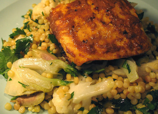 Saffron-scented Vegetable Couscous with North African-spiced Halibut