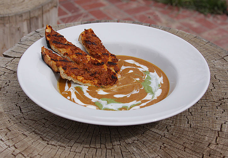 Grilled Sweet Potato Soup with Chorizo Toast