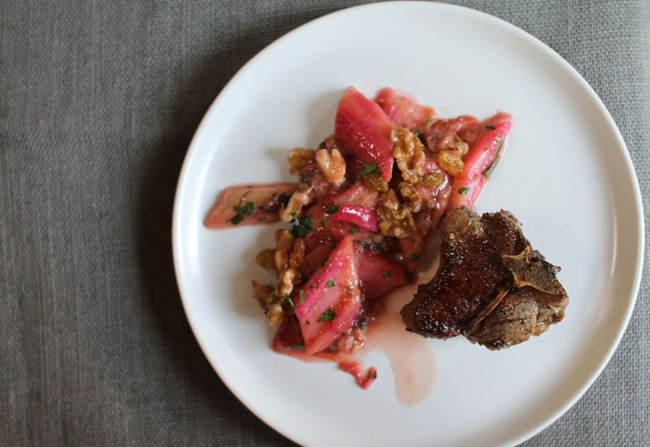 Pan-Seared Lamb Chops with Rhurbarb Agrodolce with Raisins, Parsley + Walnuts