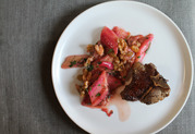 Pan-Seared Lamb Chops with Rhurbarb Agrodolce with Raisins, Parsley + Walnuts