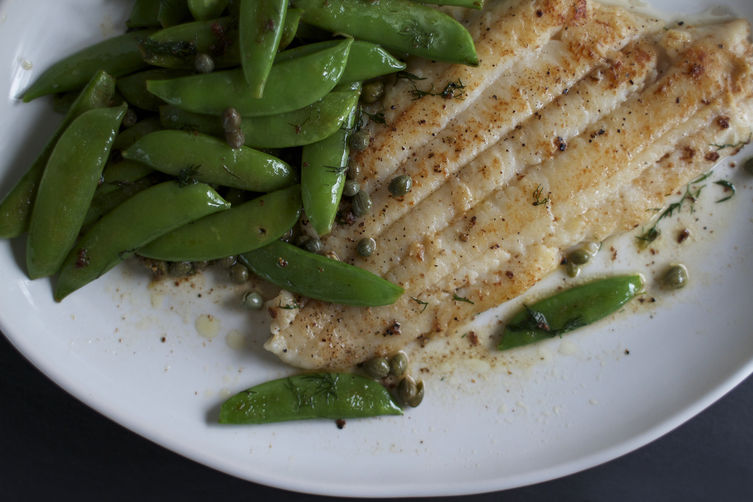 Butter-Seared Sole with Snap Peas, Dill + Capers
