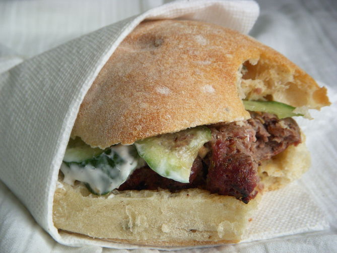 Merguez Burgers with Cucumber Dressing