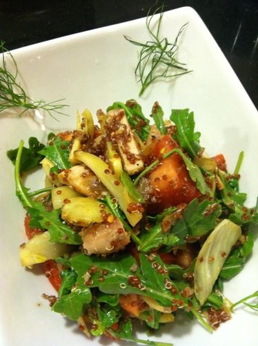 Roasted fennel and red quinoa salad, chicken, arugula,tomato,Sherry vinaigrette.