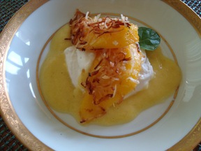 Coconut Crusted  Mango Slices with Pineapple Sauce and Whipped Coconut Cream