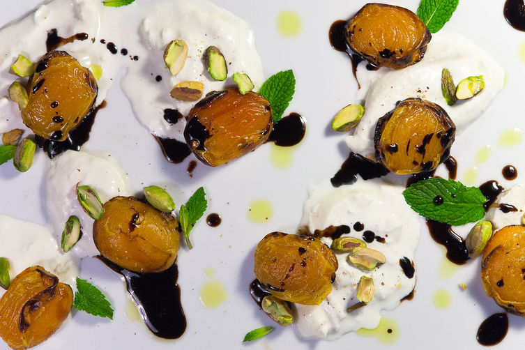 Grilled Apricots with Burrata, Pistachios and Honey Balsamic Syrup