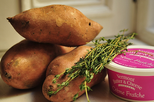 Mashed Sweet Potatoes with Crème Fraîche and Herbs