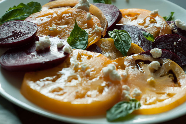 Roasted Beet and Yellow Tomato Salad with Goat Ricotta and Basil