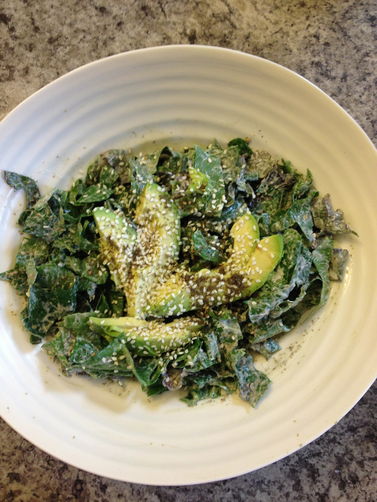 Crunchy, Creamy Collard & Kale Salad with Labneh, Almonds & Za'tar