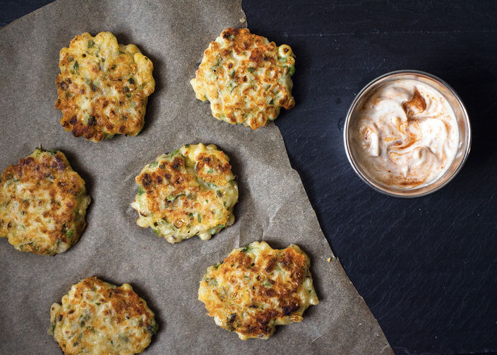 Sweet Corn Fritters with Sriracha-Lime Greek Yogurt