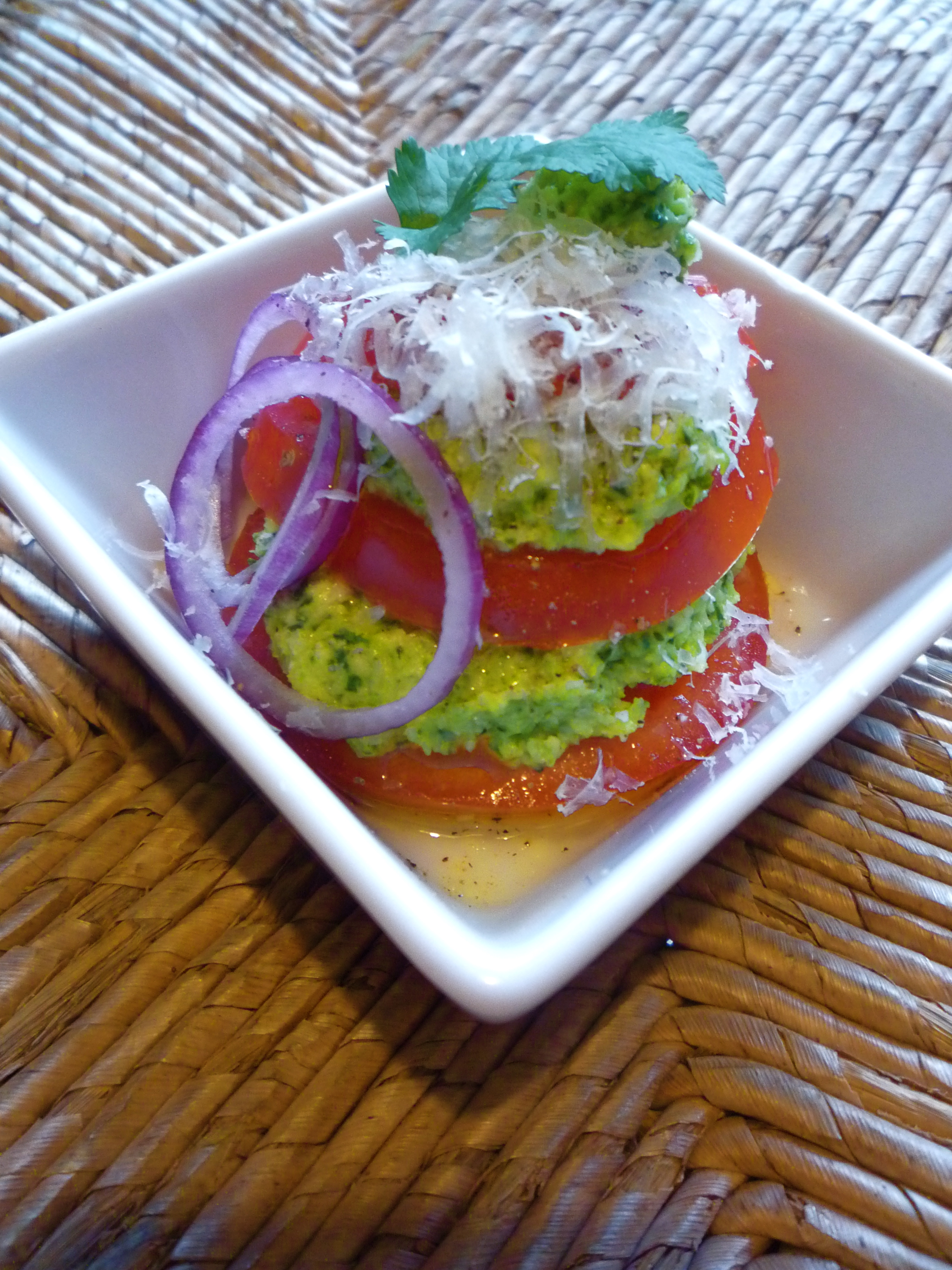Broccoli Cilantro Pesto with Heirloom Tomatoes and Aged Manchego.