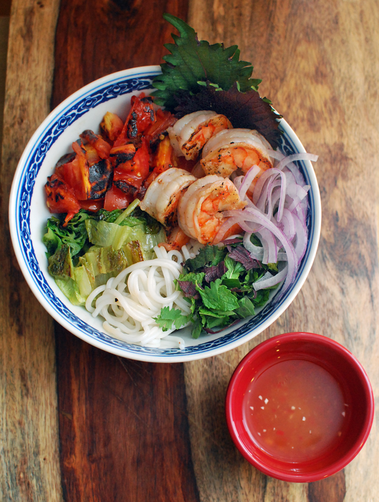 Vermicelli Noodle Salad with Charred Tomatoes, Romaine Lettuce, and Shrimp.