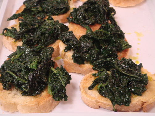 Crostini with Sautéed Brocoli Rabe, Crunchy Bacon and Beans