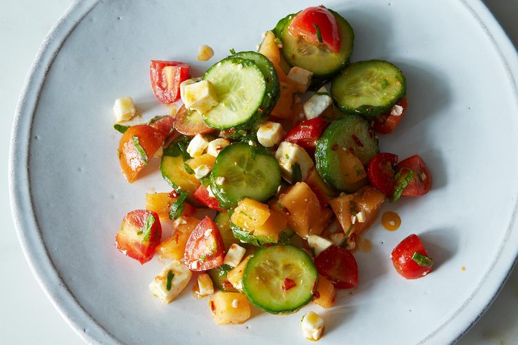 Summer Melon Salad with Harissa, Feta, and Mint