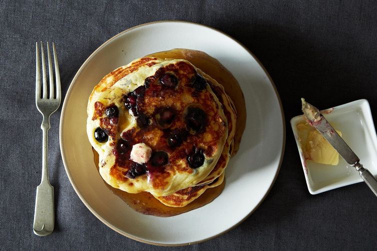 Lemony Cream Cheese Pancakes with Blueberries