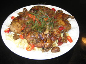 Chicken Braised in Virginia Spiced Wine with Shallots & Crimini Mushrooms over Noodles