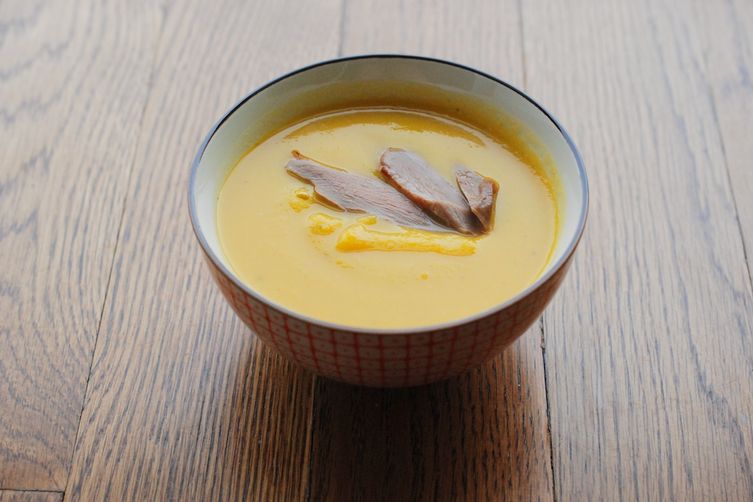 Butternut, Apple, and Parsnip Soup with Smoked Duck