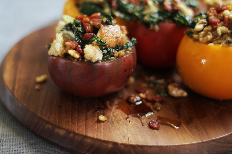Swiss Chard + Walnut Stuffed Tomatoes with Pancetta Breadcrumbs