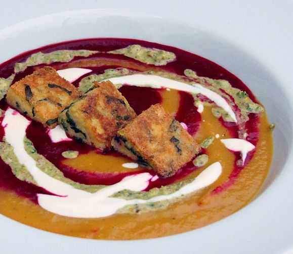 Roasted Beet Soup with Beet Green Polenta Croutons