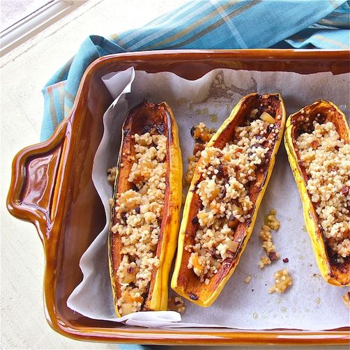 Spicy Delicata Squash Boats with Fruity Quinoa Pilaf