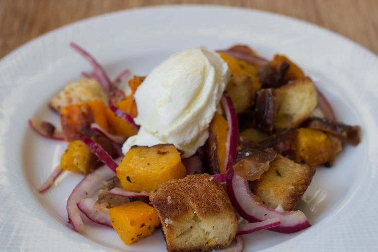 Challah Panzanella with Butternut Squash, Dates, and Hazelnuts