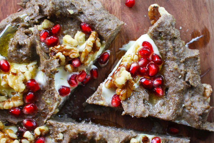 Buckwheat Polenta on a Board with Walnuts, Pomegranate + Mascarpone